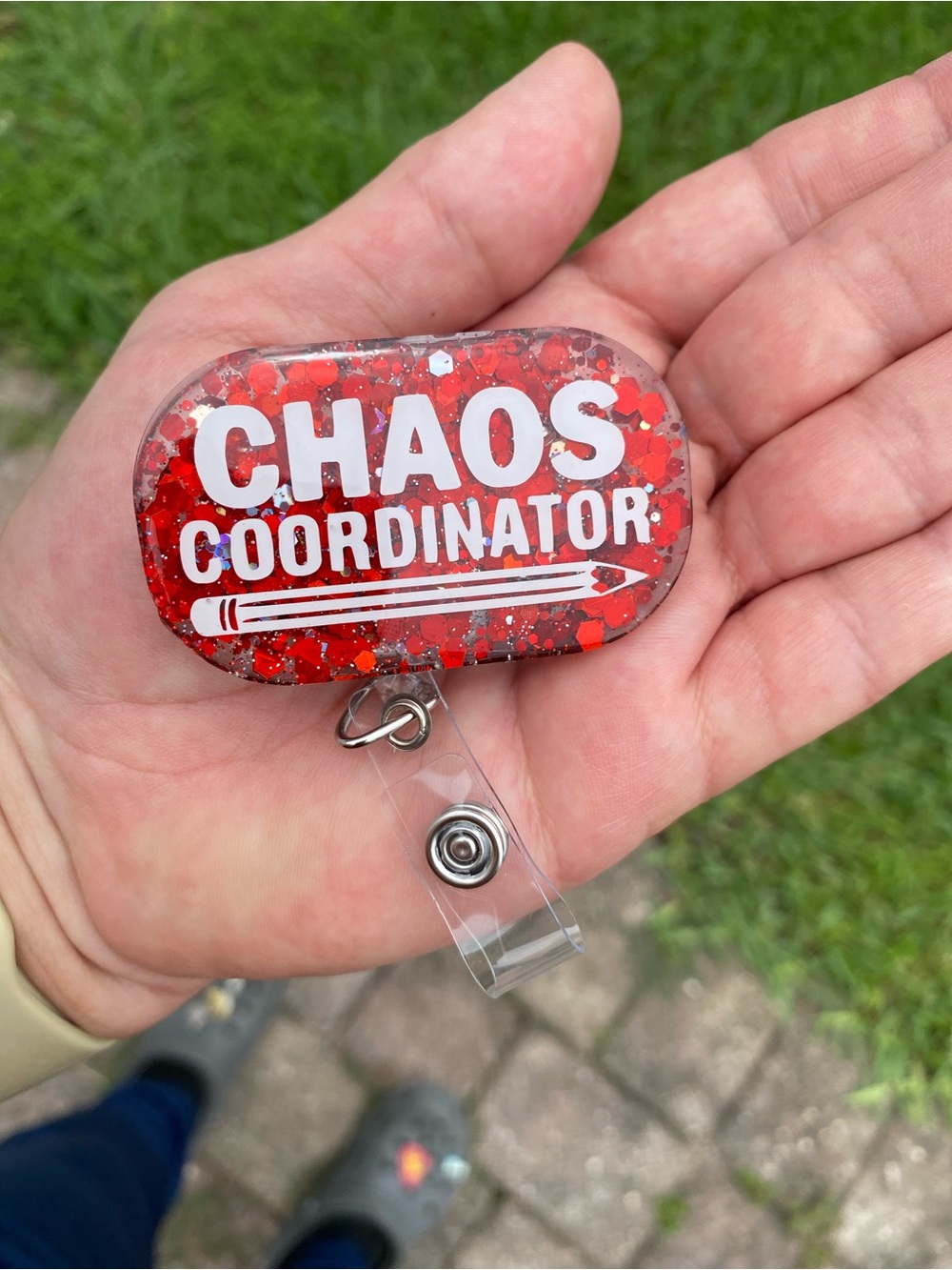 Chaos Coordinator Red Glitter Badge Reel Key & Card Holder